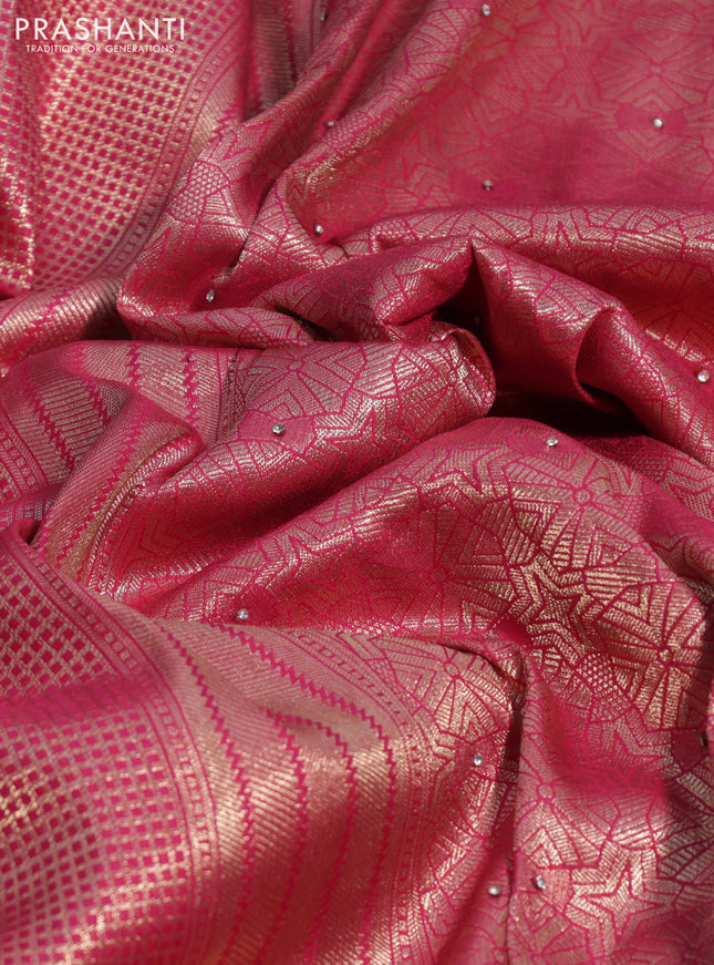 Banarasi silk saree pink with allover zari woven brocade weaves and embroidery mirror work border