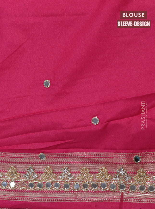 Banarasi silk saree pink with allover zari woven brocade weaves and embroidery mirror work border