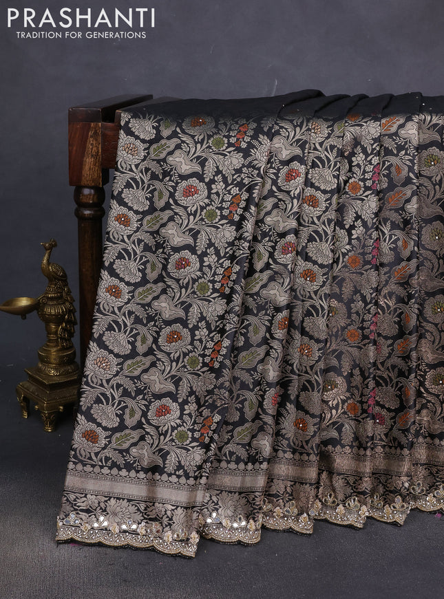 Banarasi silk saree black with allover zari woven floral brocade weaves and embroidery mirror work border