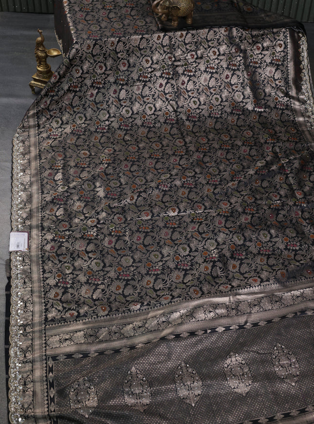 Banarasi silk saree black with allover zari woven floral brocade weaves and embroidery mirror work border