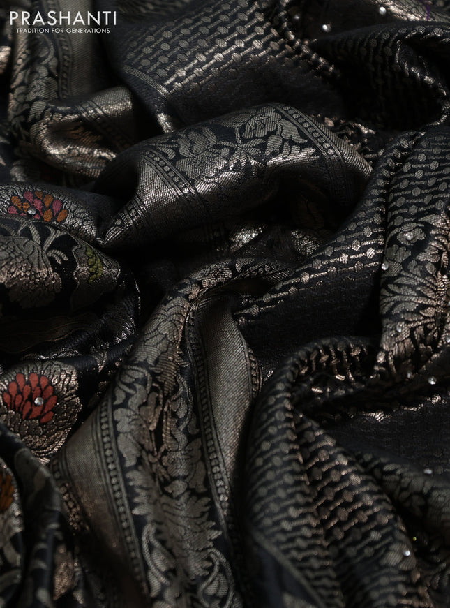 Banarasi silk saree black with allover zari woven floral brocade weaves and embroidery mirror work border