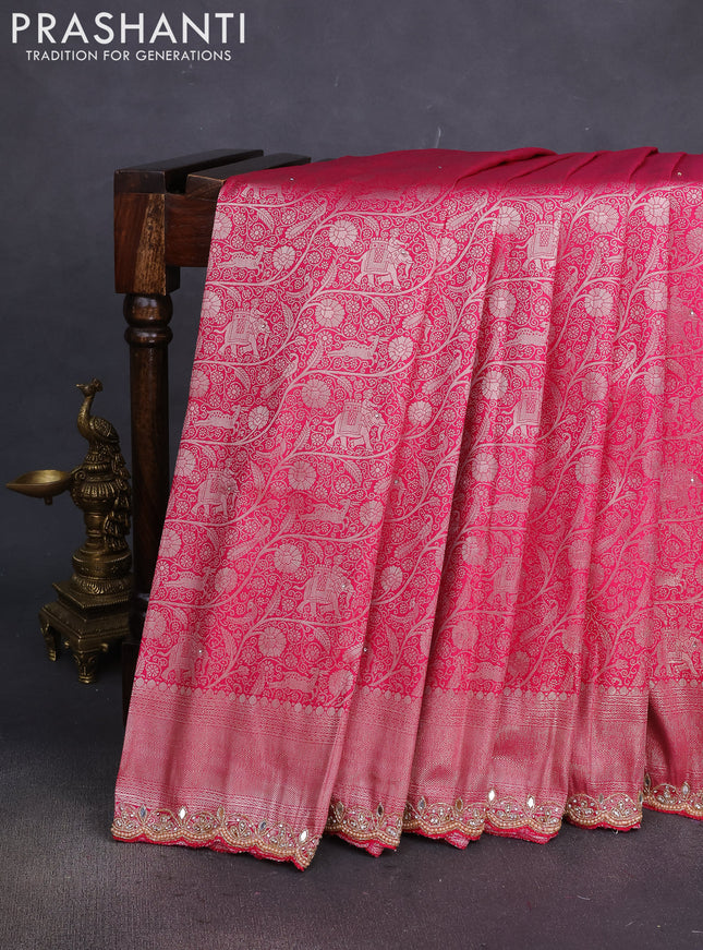 Banarasi silk saree pink with allover zari woven brocade weaves and embroidery mirror work border