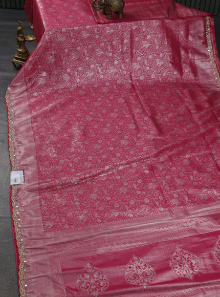 Banarasi silk saree pink with allover zari woven brocade weaves and embroidery mirror work border
