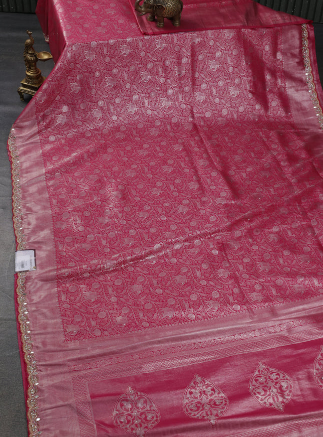 Banarasi silk saree pink with allover zari woven brocade weaves and embroidery mirror work border