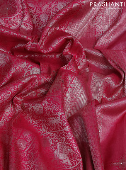Banarasi silk saree pink with allover zari woven brocade weaves and embroidery mirror work border