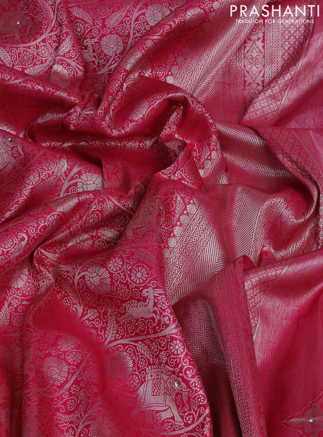 Banarasi silk saree pink with allover zari woven brocade weaves and embroidery mirror work border
