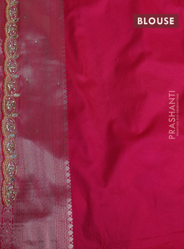 Banarasi silk saree pink with allover zari woven brocade weaves and embroidery mirror work border