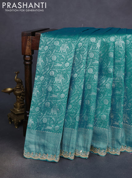 Banarasi silk saree teal green with allover zari woven brocade weaves and embroidery mirror work border