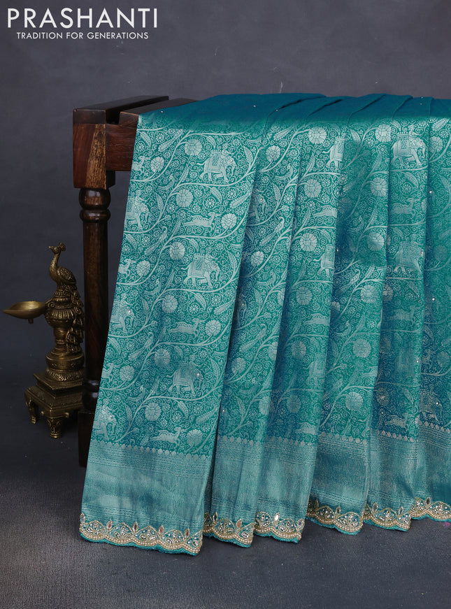 Banarasi silk saree teal green with allover zari woven brocade weaves and embroidery mirror work border