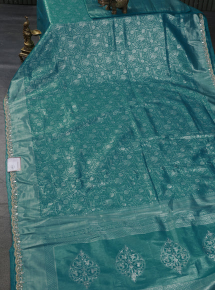 Banarasi silk saree teal green with allover zari woven brocade weaves and embroidery mirror work border
