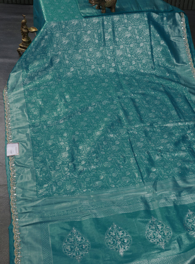 Banarasi silk saree teal green with allover zari woven brocade weaves and embroidery mirror work border