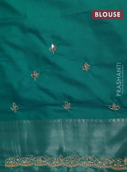 Banarasi silk saree teal green with allover zari woven brocade weaves and embroidery mirror work border