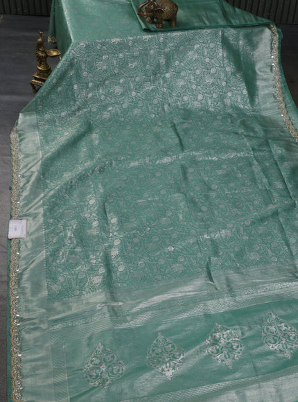 Banarasi silk saree pastel green with allover zari woven brocade weaves and embroidery mirror work border