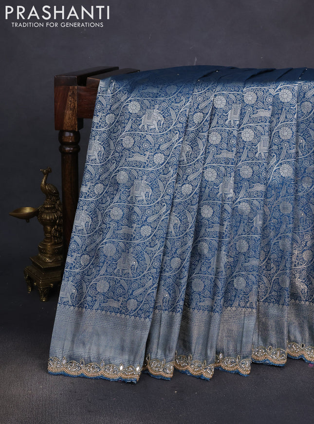 Banarasi silk saree dark peacock blue with allover zari woven brocade weaves and embroidery mirror work border