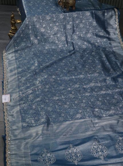 Banarasi silk saree dark peacock blue with allover zari woven brocade weaves and embroidery mirror work border