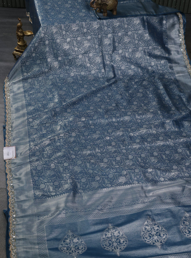 Banarasi silk saree dark peacock blue with allover zari woven brocade weaves and embroidery mirror work border