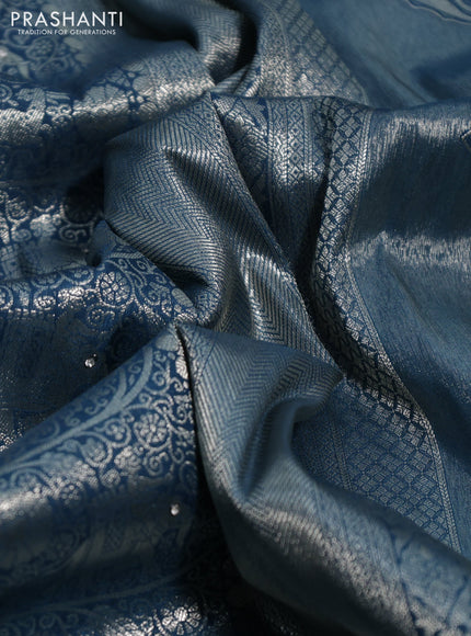 Banarasi silk saree dark peacock blue with allover zari woven brocade weaves and embroidery mirror work border