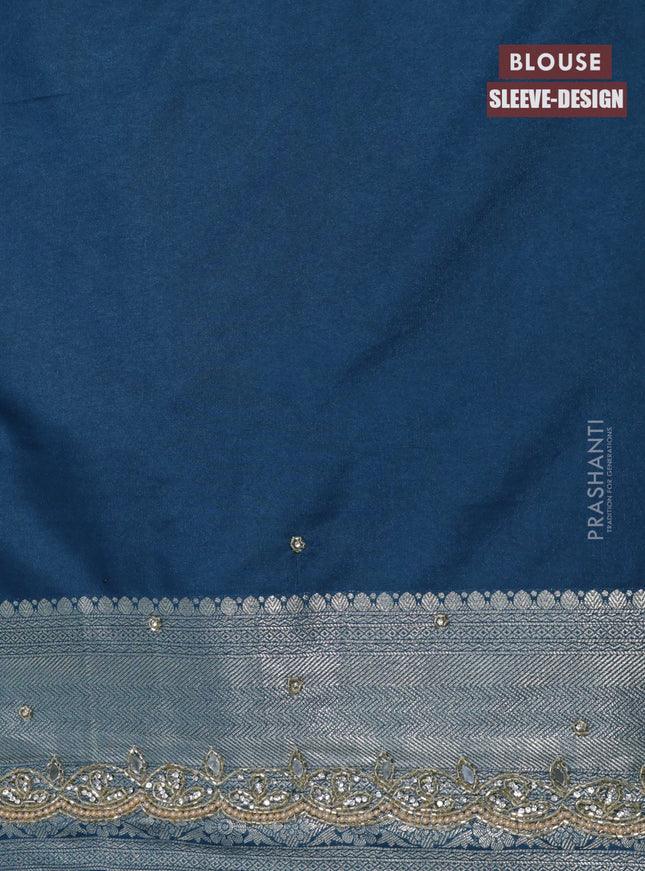 Banarasi silk saree dark peacock blue with allover zari woven brocade weaves and embroidery mirror work border