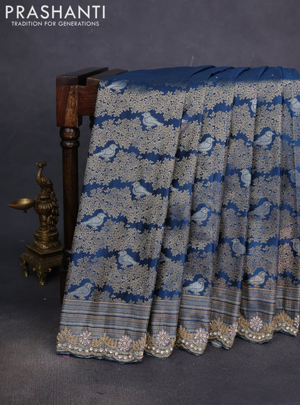 Banarasi silk saree peacock blue with allover zari woven brocade weaves and embroidery mirror work border