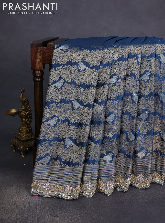 Banarasi silk saree peacock blue with allover zari woven brocade weaves and embroidery mirror work border