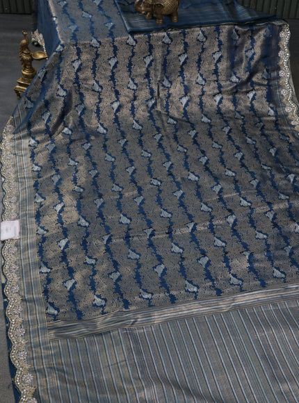 Banarasi silk saree peacock blue with allover zari woven brocade weaves and embroidery mirror work border
