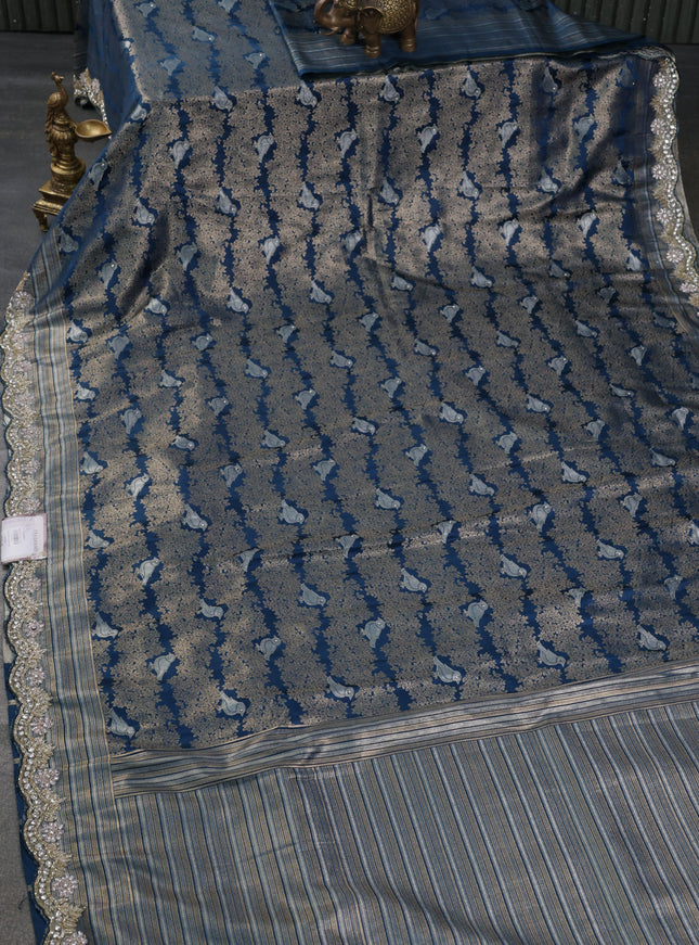 Banarasi silk saree peacock blue with allover zari woven brocade weaves and embroidery mirror work border