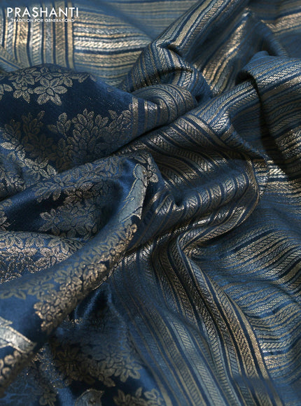 Banarasi silk saree peacock blue with allover zari woven brocade weaves and embroidery mirror work border