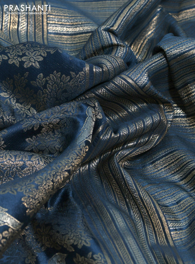 Banarasi silk saree peacock blue with allover zari woven brocade weaves and embroidery mirror work border