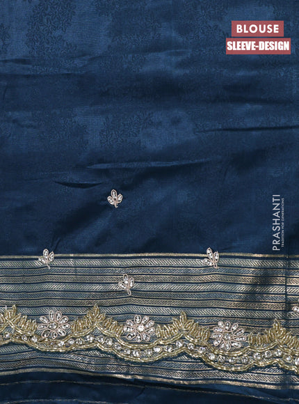 Banarasi silk saree peacock blue with allover zari woven brocade weaves and embroidery mirror work border