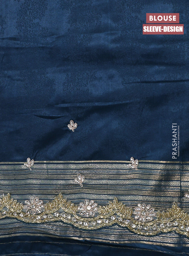 Banarasi silk saree peacock blue with allover zari woven brocade weaves and embroidery mirror work border