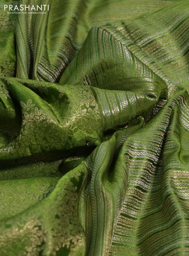 Banarasi silk saree light green with allover zari woven brocade weaves and embroidery mirror work border