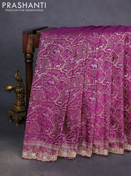 Banarasi silk saree purple with allover zari woven brocade weaves and embroidery mirror work border