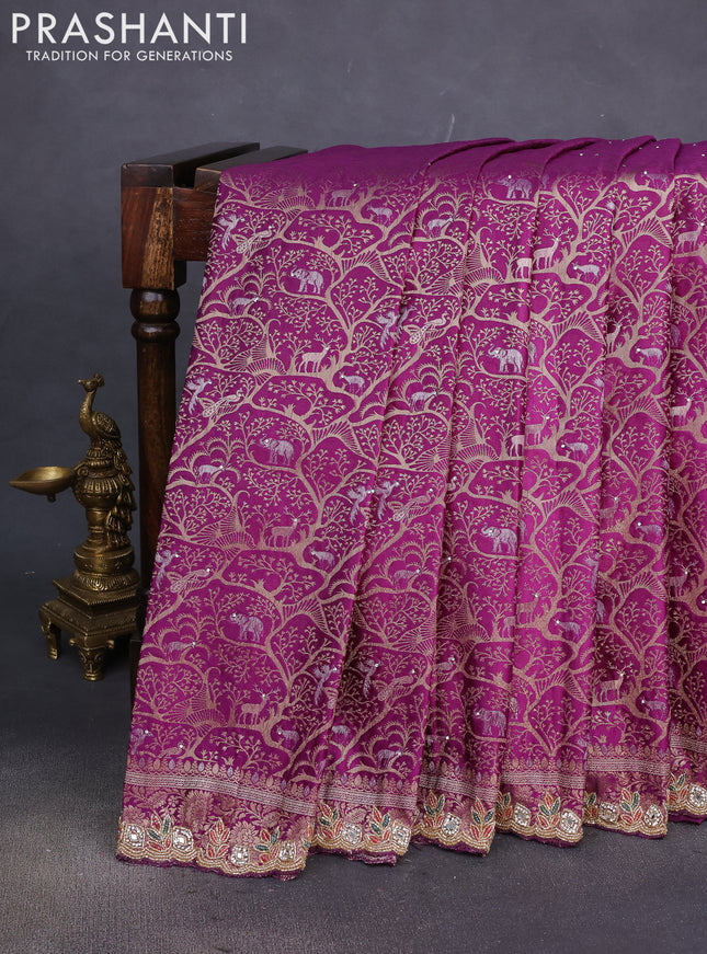 Banarasi silk saree purple with allover zari woven brocade weaves and embroidery mirror work border