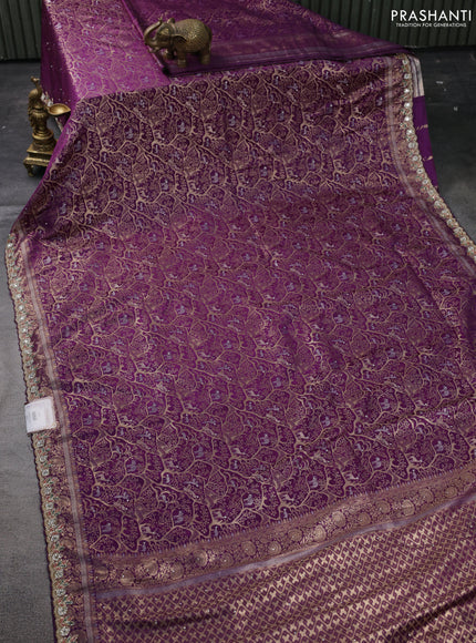 Banarasi silk saree purple with allover zari woven brocade weaves and embroidery mirror work border