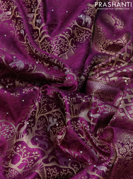 Banarasi silk saree purple with allover zari woven brocade weaves and embroidery mirror work border