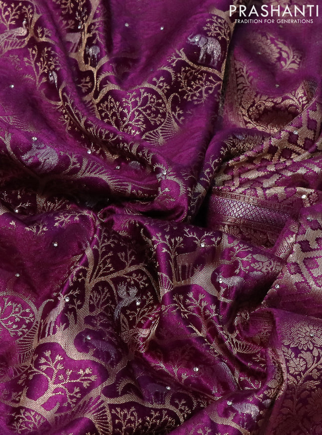 Banarasi silk saree purple with allover zari woven brocade weaves and embroidery mirror work border