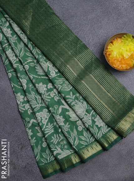 Semi chanderi saree green with allover prints and zari woven border