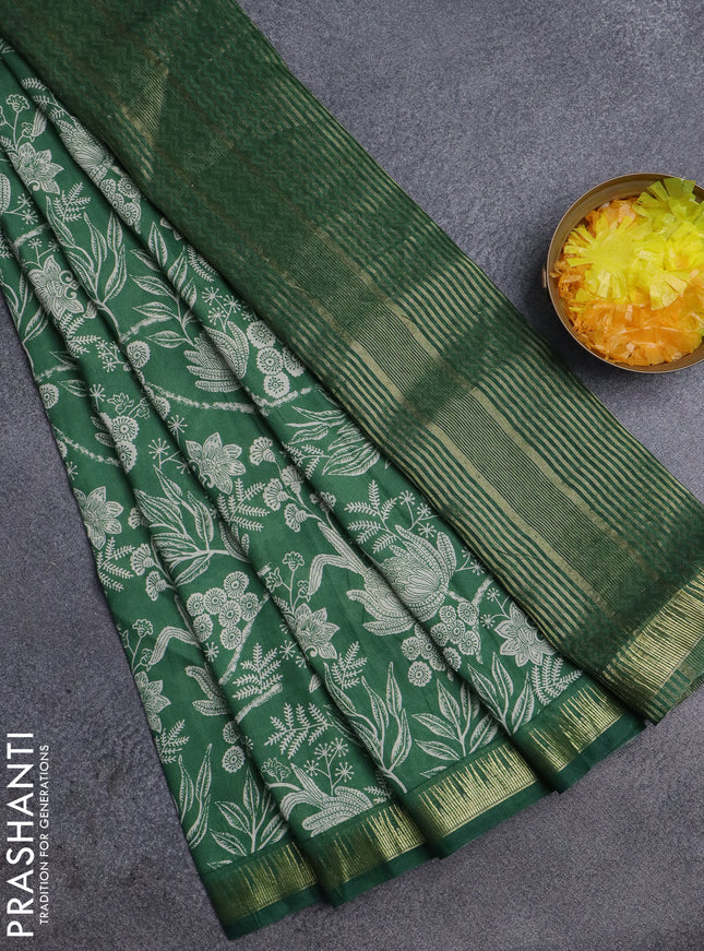 Semi chanderi saree green with allover prints and zari woven border