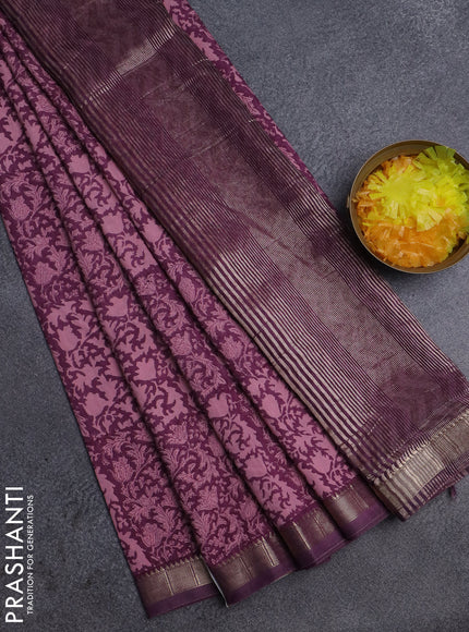 Semi chanderi saree light pink and purple with allover prints and zari woven border