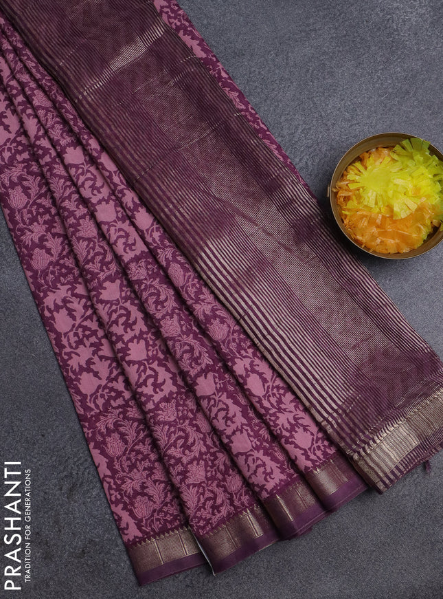 Semi chanderi saree light pink and purple with allover prints and zari woven border