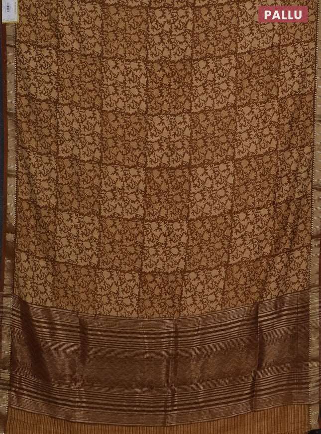 Semi chanderi saree sandal and dark mustard with allover prints and zari woven border