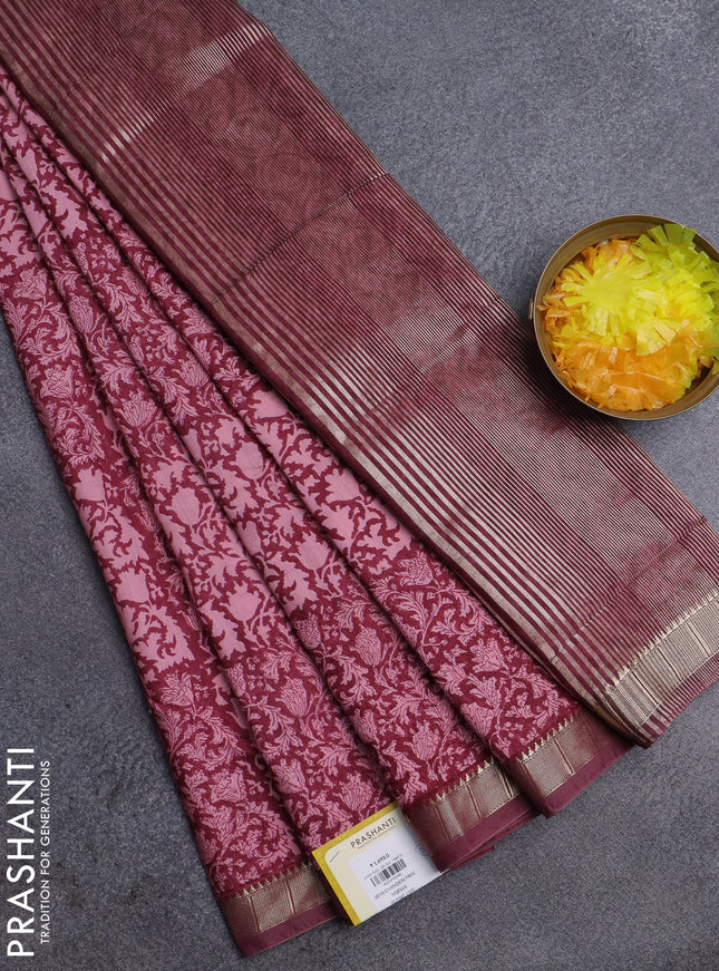 Semi chanderi saree peach pink and maroon with allover prints and zari woven border