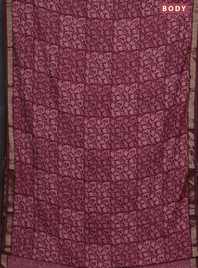 Semi chanderi saree peach pink and maroon with allover prints and zari woven border