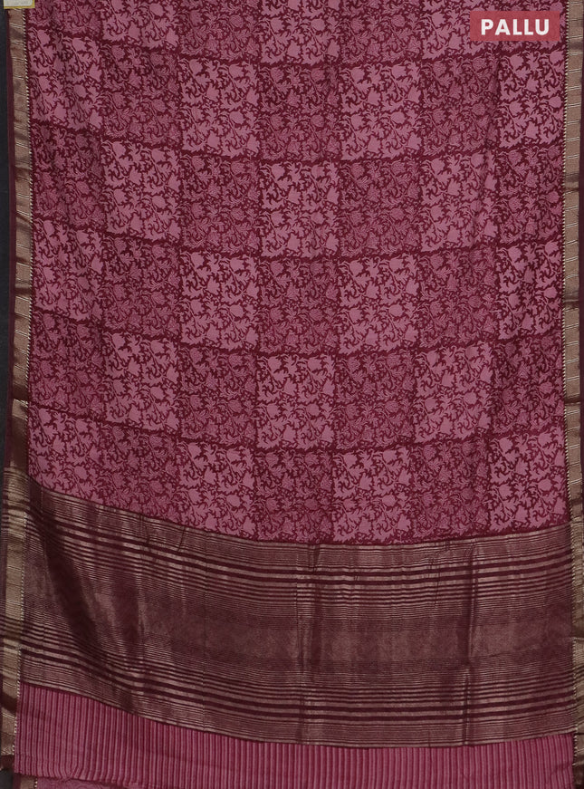 Semi chanderi saree peach pink and maroon with allover prints and zari woven border