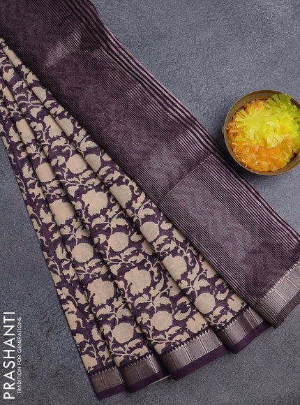 Semi chanderi saree jamun shade and sandal with allover prints and zari woven border