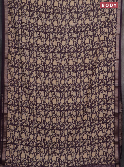 Semi chanderi saree jamun shade and sandal with allover prints and zari woven border