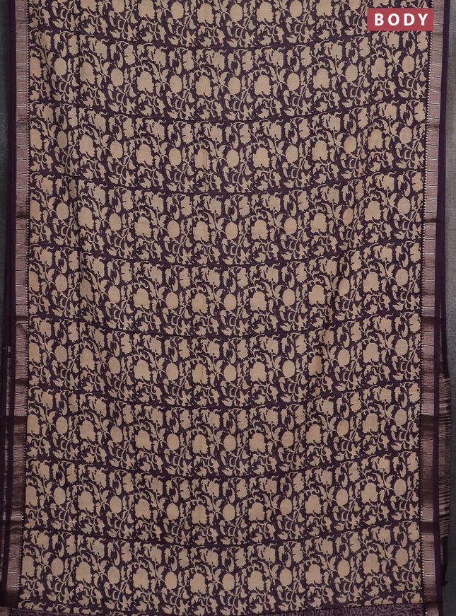 Semi chanderi saree jamun shade and sandal with allover prints and zari woven border