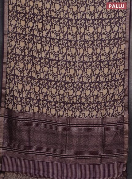 Semi chanderi saree jamun shade and sandal with allover prints and zari woven border