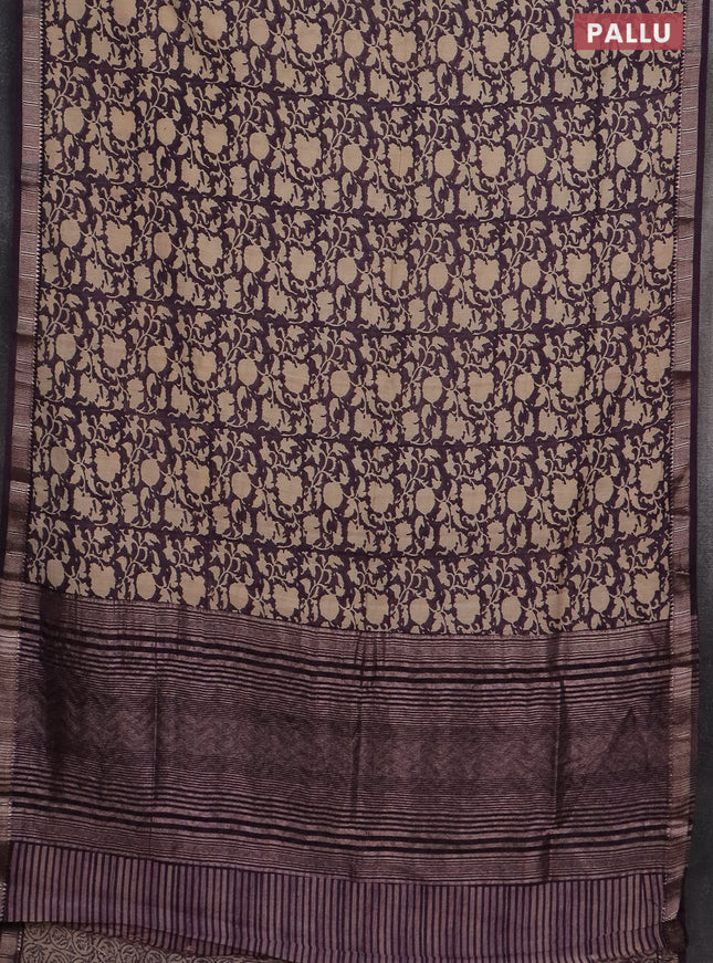 Semi chanderi saree jamun shade and sandal with allover prints and zari woven border