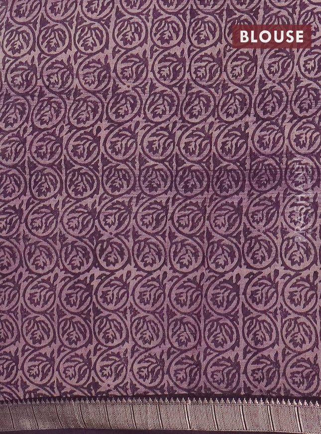 Semi chanderi saree jamun shade and sandal with allover prints and zari woven border